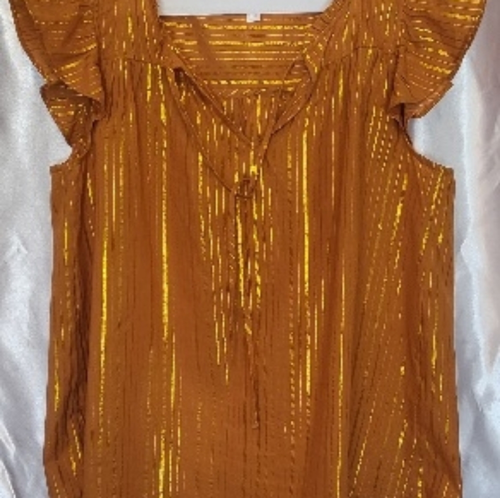Gold Blouse with Bold Metalic Pinstripes Size Small